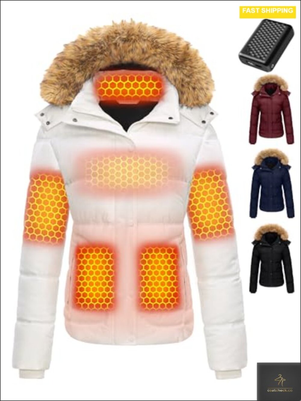 Women's Quilted Heated Jacket Long Sleeve Hooded Water Repellent Zip Outdoor